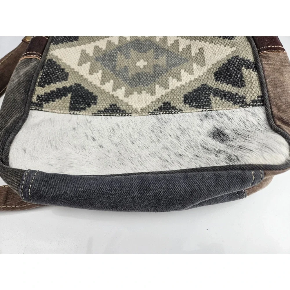 Myra Crossody Bag Southwest Print Woven‎ Leather Cowhide Accent Grey Brown White